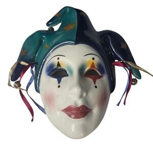 Vtg 1980s Clay Art Jester Mask Face   Wall Hanging Ribbon Bells